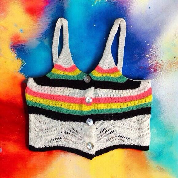 Jolie & Joy Crop Top Womens Small Crotchet Striped Multi Color Retro Boho NEW - Picture 1 of 6